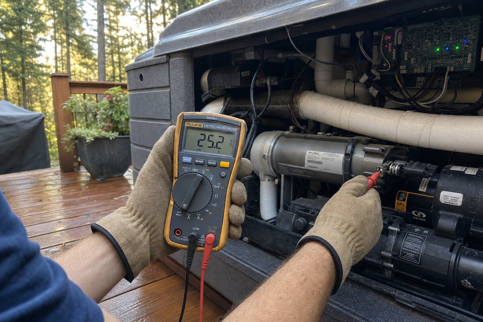 Hot tub repair technician diagnosing a heater element in Priest Lake